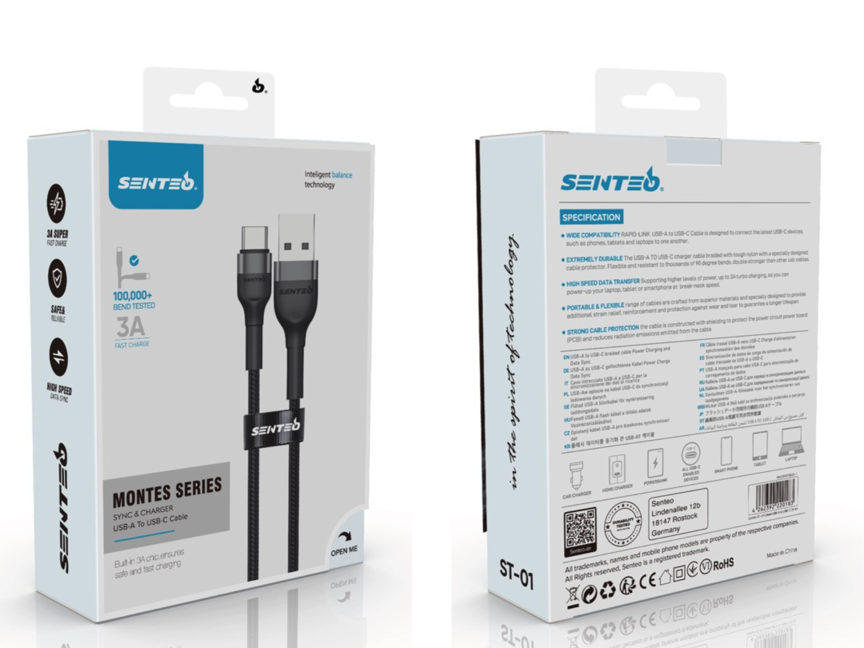 Senteo ST-01 Cable USB A a USB C 3A/20V nailon trenzado