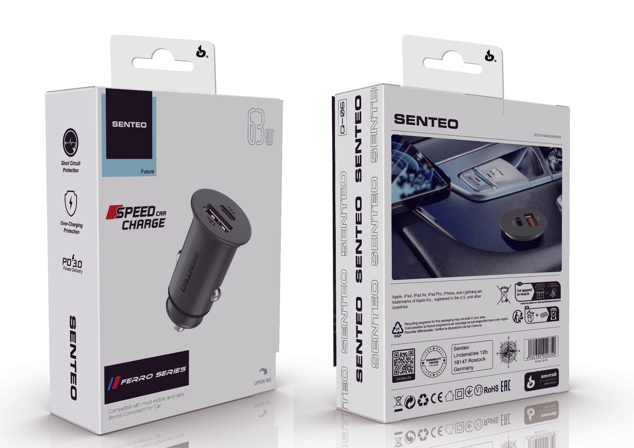 Senteo® Q-06 Ferro Series USB-A18W+USB-C45W PD 3.0 63W fast Car charger Zigarettenanzünder
