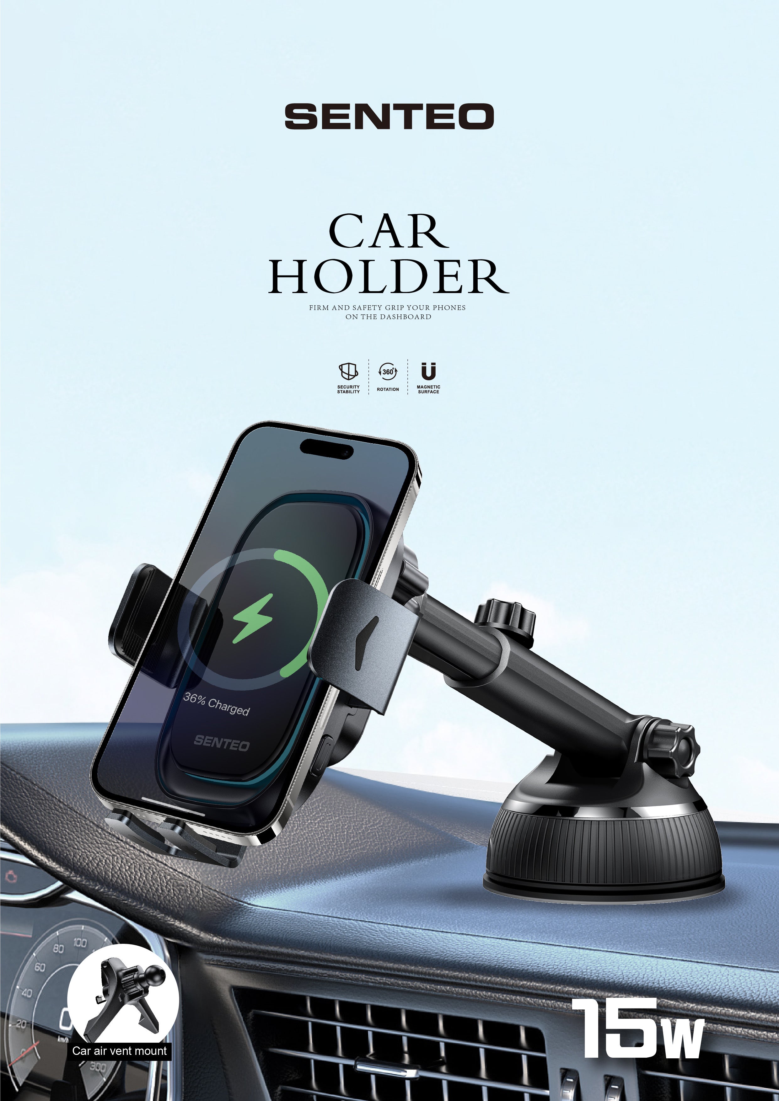 Senteo® Drift 2 Serie SH-02 Kabellose Ladegerät Smartphonehalter für Autos, 15W (inkl.2 Halterungen Luftg. & Armaturenbrett)
