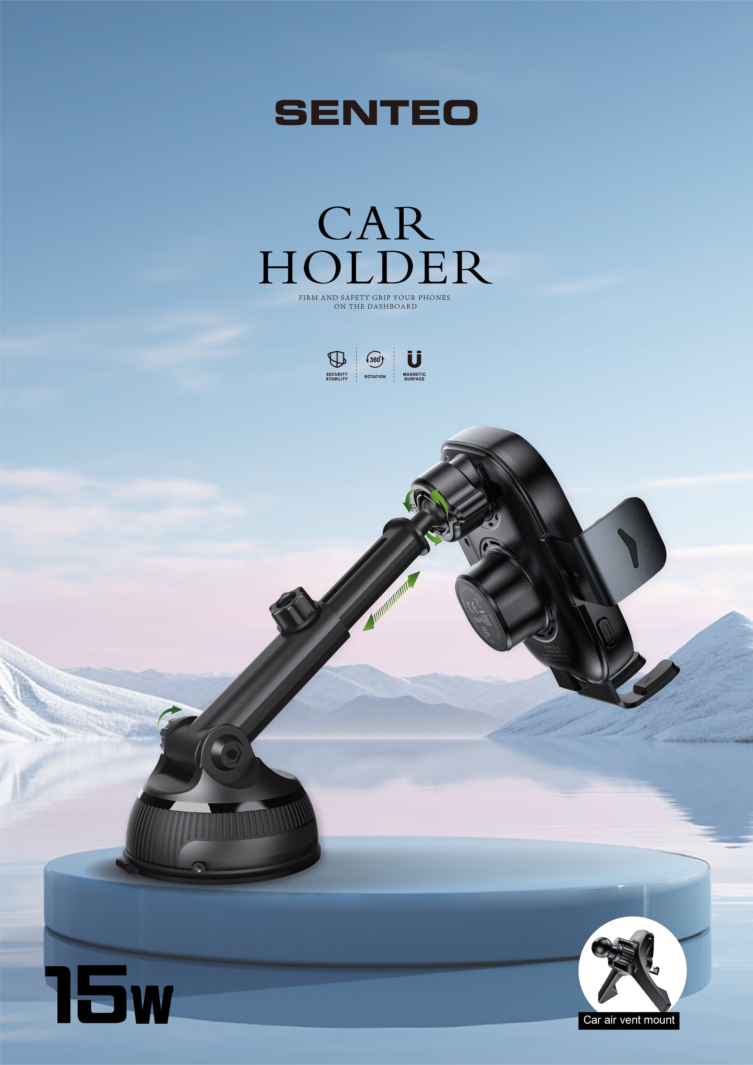 Senteo® Drift 2 Serie SH-02 Kabellose Ladegerät Smartphonehalter für Autos, 15W (inkl.2 Halterungen Luftg. & Armaturenbrett)