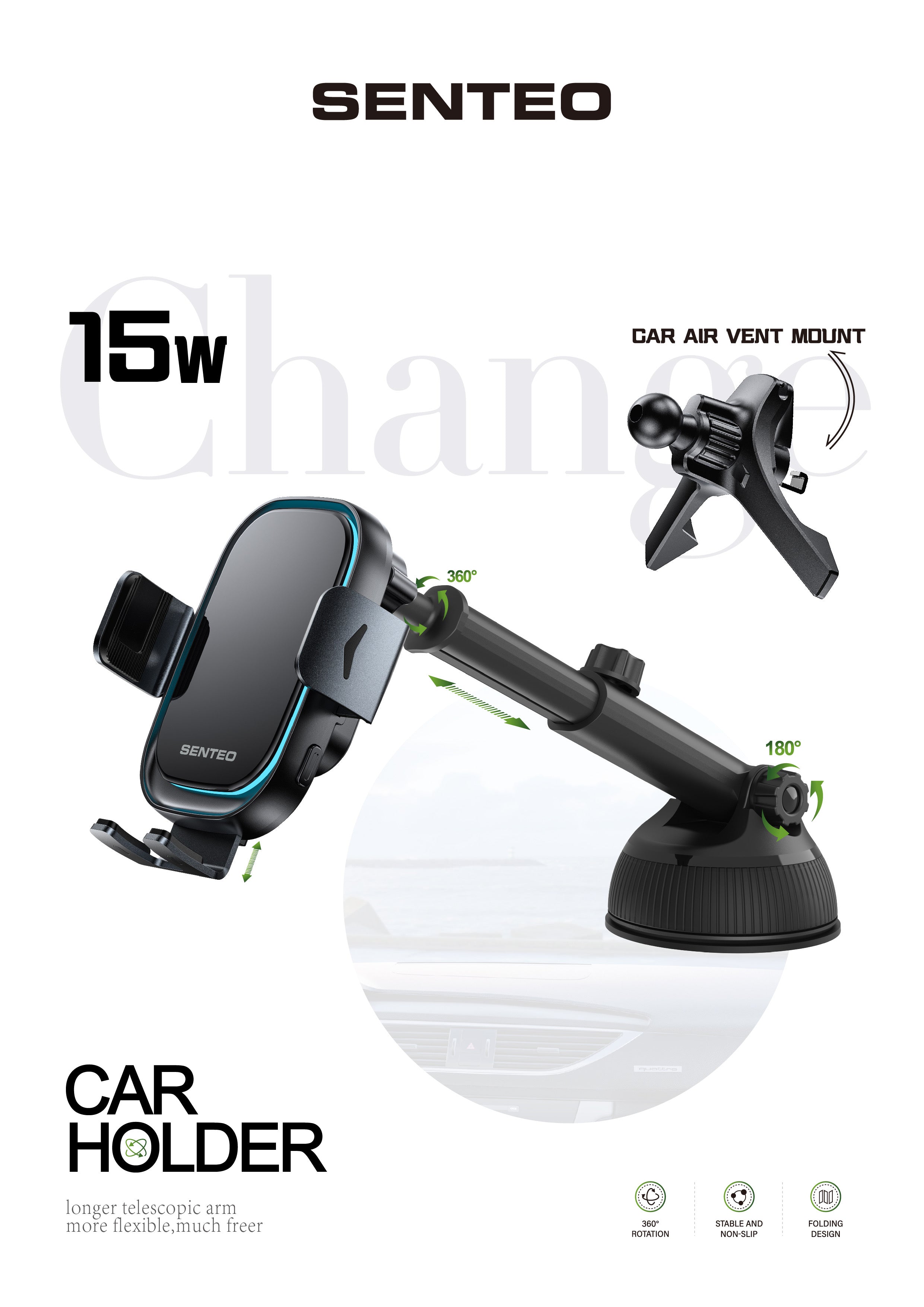 Senteo® Drift 2 Serie SH-02 Kabellose Ladegerät Smartphonehalter für Autos, 15W (inkl.2 Halterungen Luftg. & Armaturenbrett)