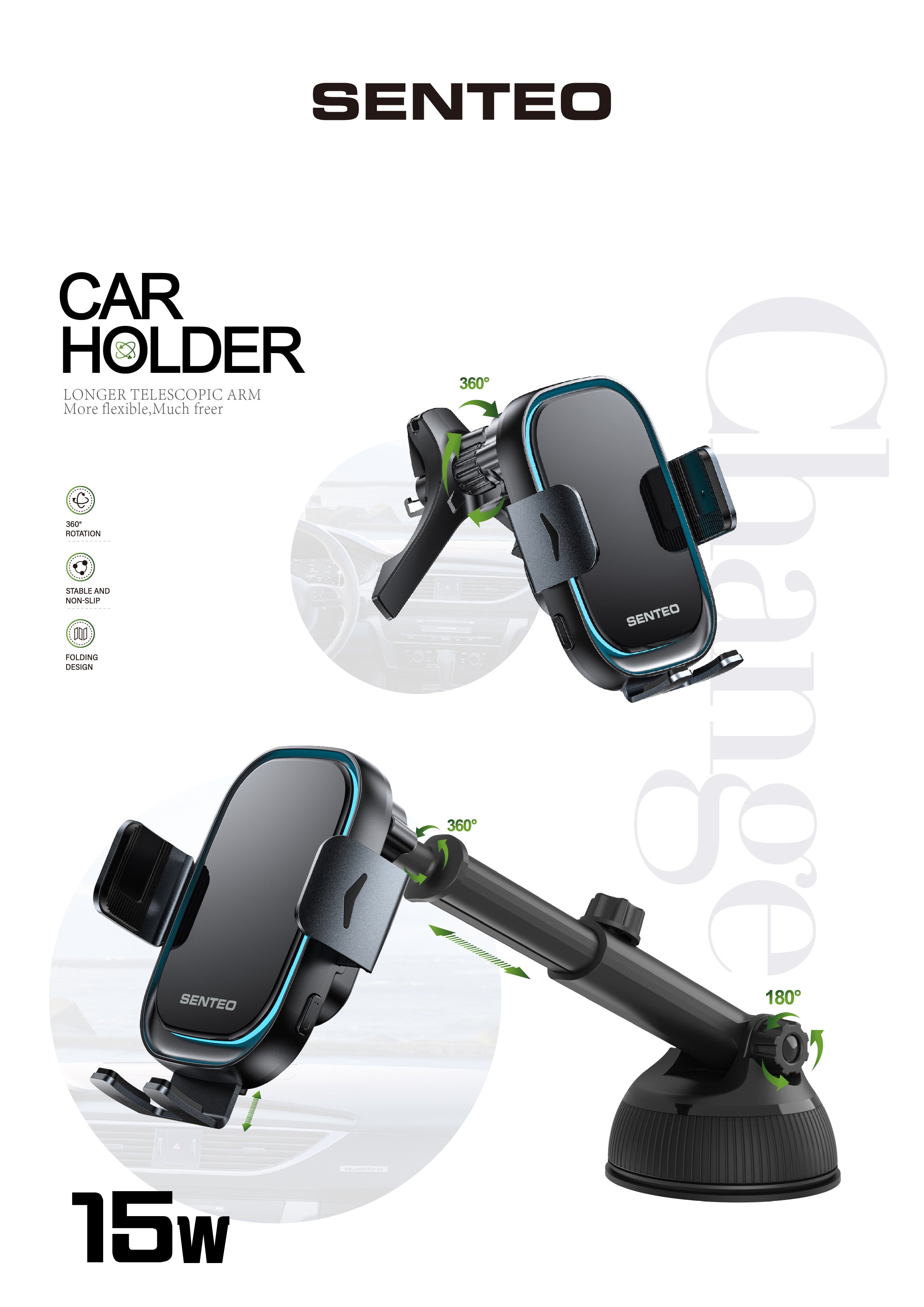 Senteo® Drift 2 Serie SH-02 Kabellose Ladegerät Smartphonehalter für Autos, 15W (inkl.2 Halterungen Luftg. & Armaturenbrett)