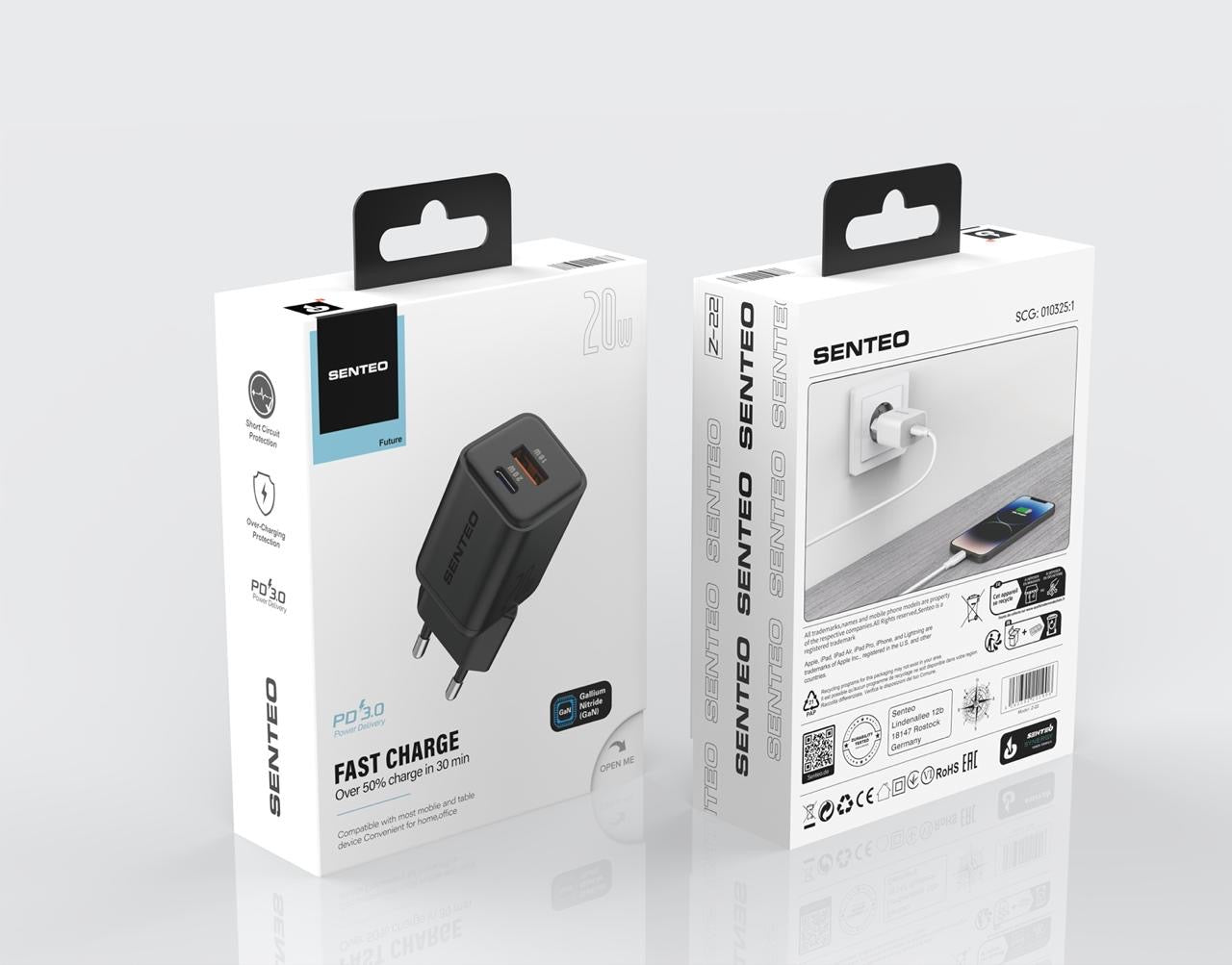 Senteo Z-22 USB-C+USB-A PD 20W/18W QC3.0 Schnellladegerät Doppelport