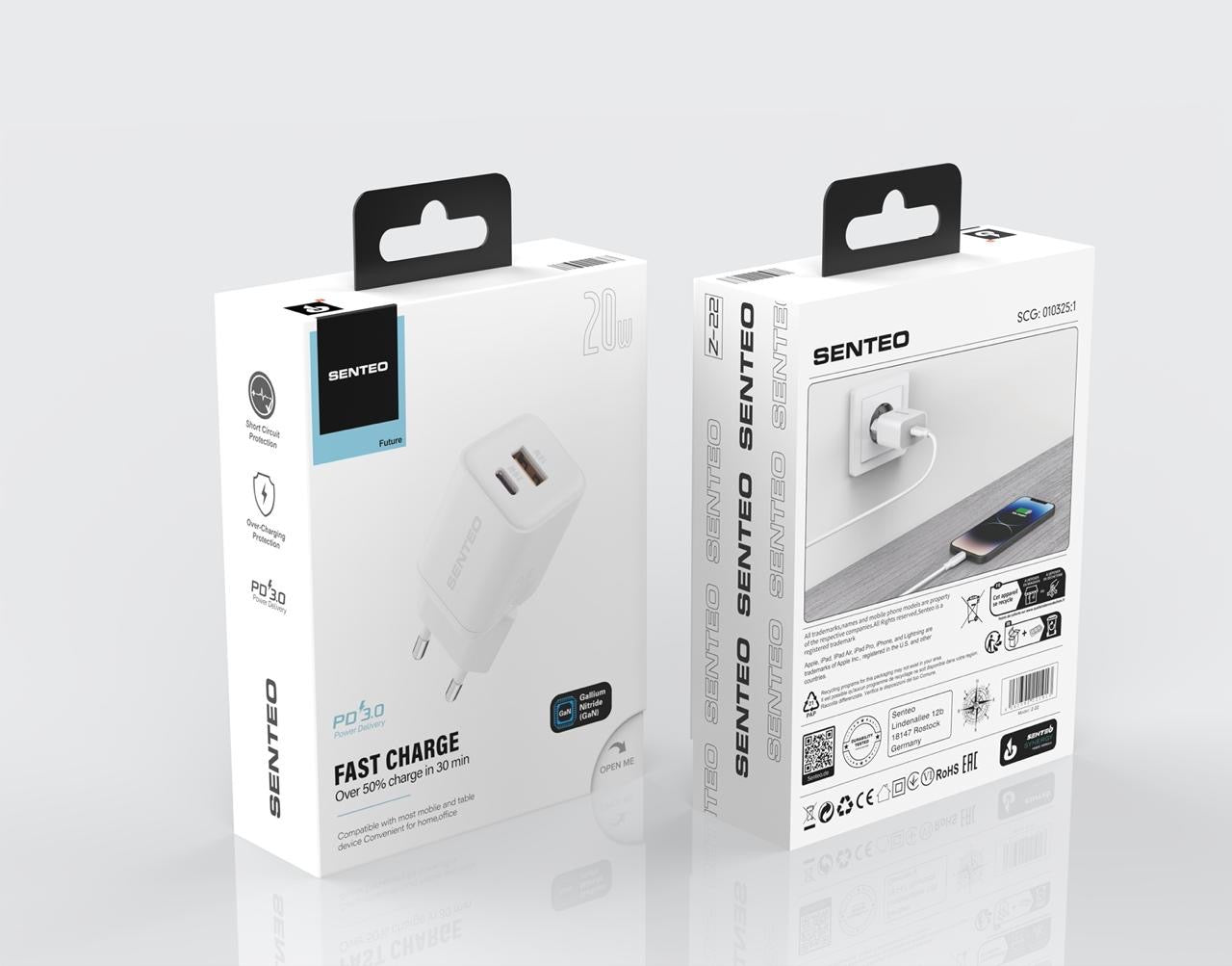 Senteo Z-22 USB-C+USB-A PD 20W/18W QC3.0 Schnellladegerät Doppelport