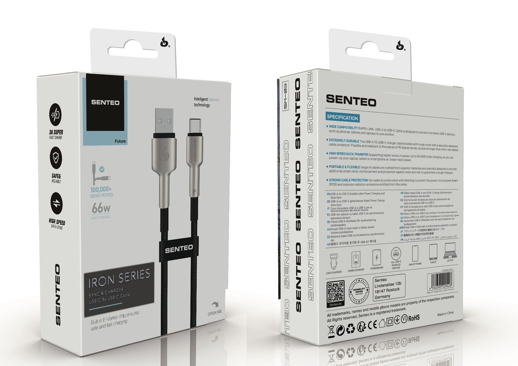 Senteo SM-03 Iron Series Nylon Data Charging Cable USB-A to USB-C (USB-A to Type-C Cable) 6A/66W 1M Black