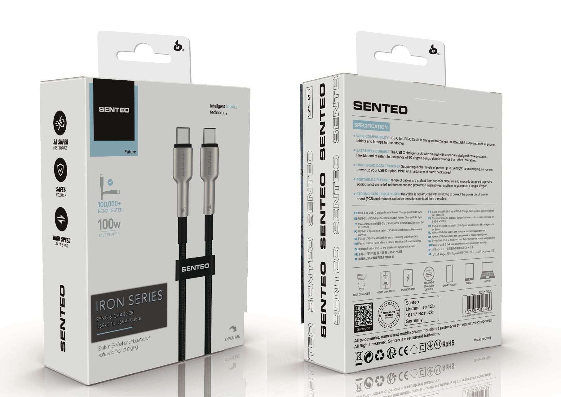 Senteo SM-03 Iron Series Cable de Datos y Carga Nylon USB-C a USB-C (Cable Tipo C a Tipo C) Negro 100W 5A PD3.0