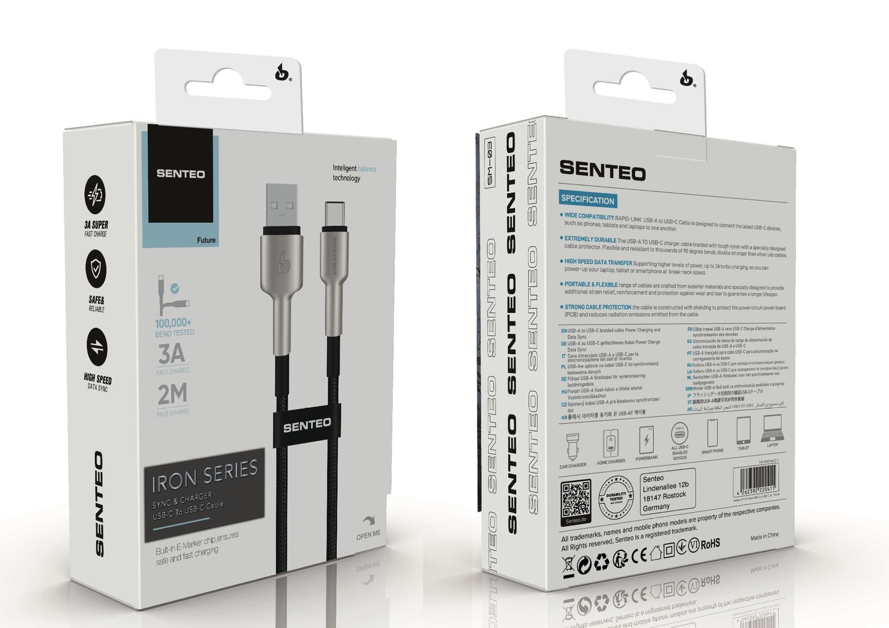Senteo SM-03 Iron Series Nylon Data-Ladekabel USB-A a USB-C (Cable USB-A a Tipo-C) 3A/5V Negro