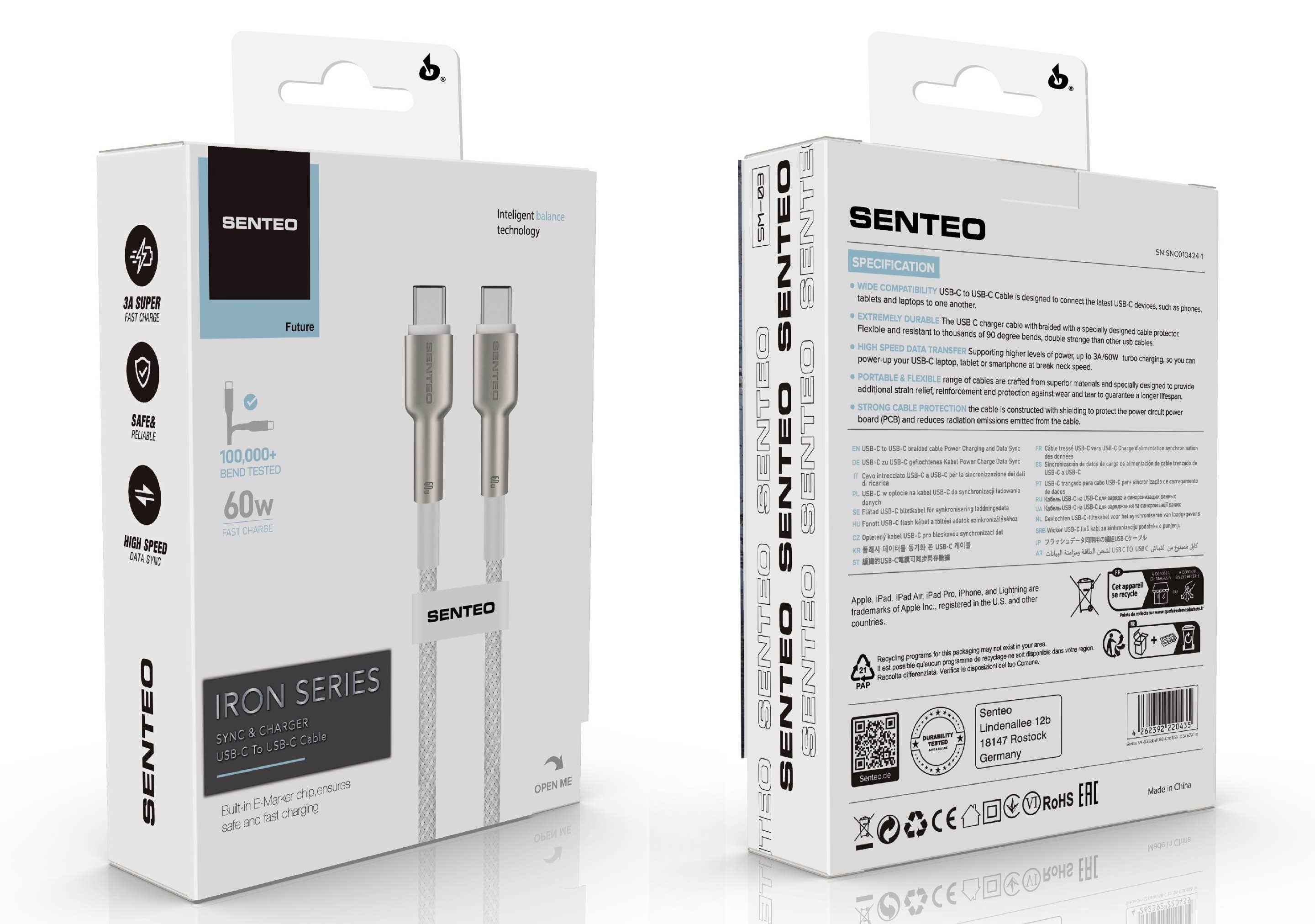 Senteo SM-03 Iron Series Cable de Carga de Datos de Nylon 60W USB-C a USB-C (Cable Tipo-C a Tipo-C) 1 M Blanco