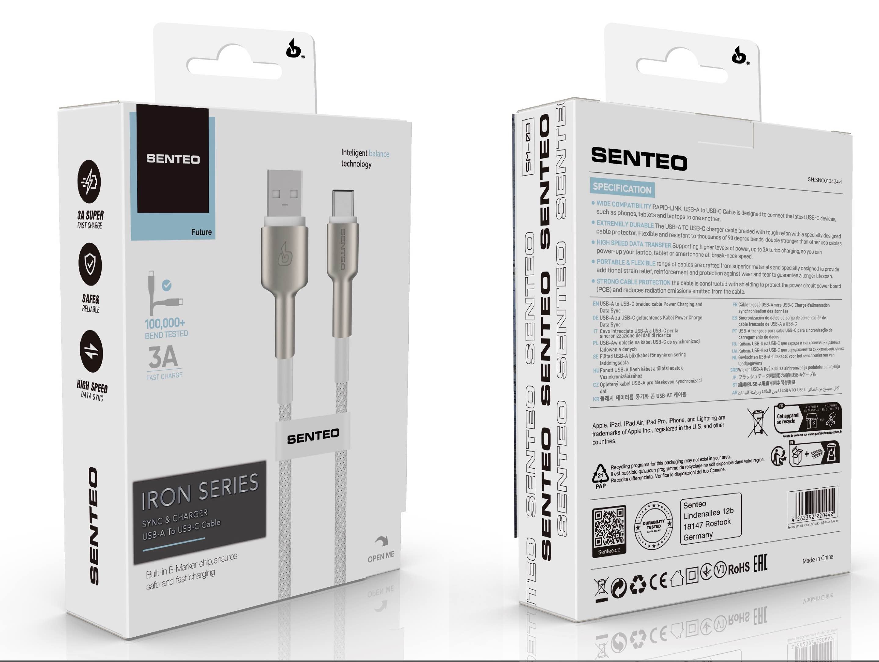 Senteo SM-03 Iron Series Cable de Datos Nylon USB-A a USB-C (Cable USB-A a Tipo-C) 3A/5V 1M Blanco
