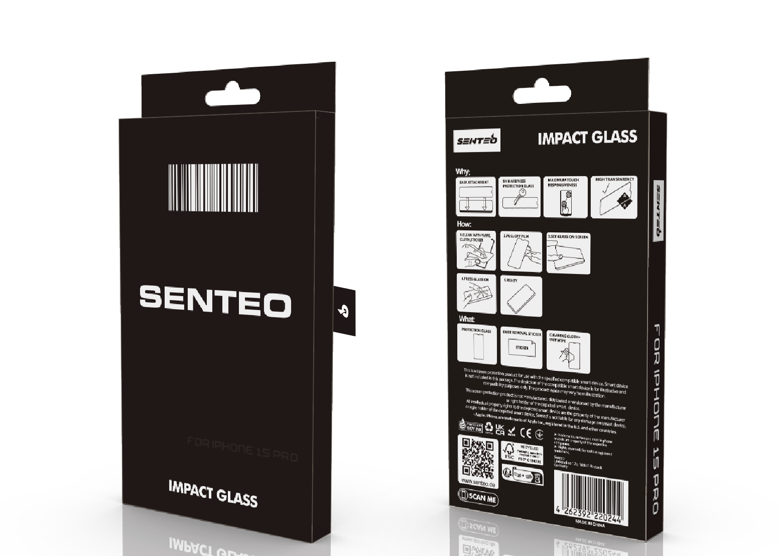 Protector de pantalla Senteo® 9H resistente a los golpes Apple iPhone Serie 15 DE BORDE A BORDE