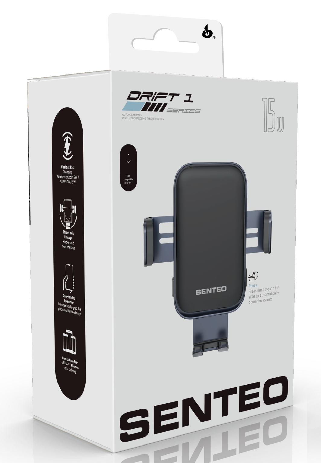 Senteo® Drift 1 Series SH-01 Cargador inalámbrico Soporte para teléfono inteligente para automóviles, 15 W (negro), soporte para ventilación de aire