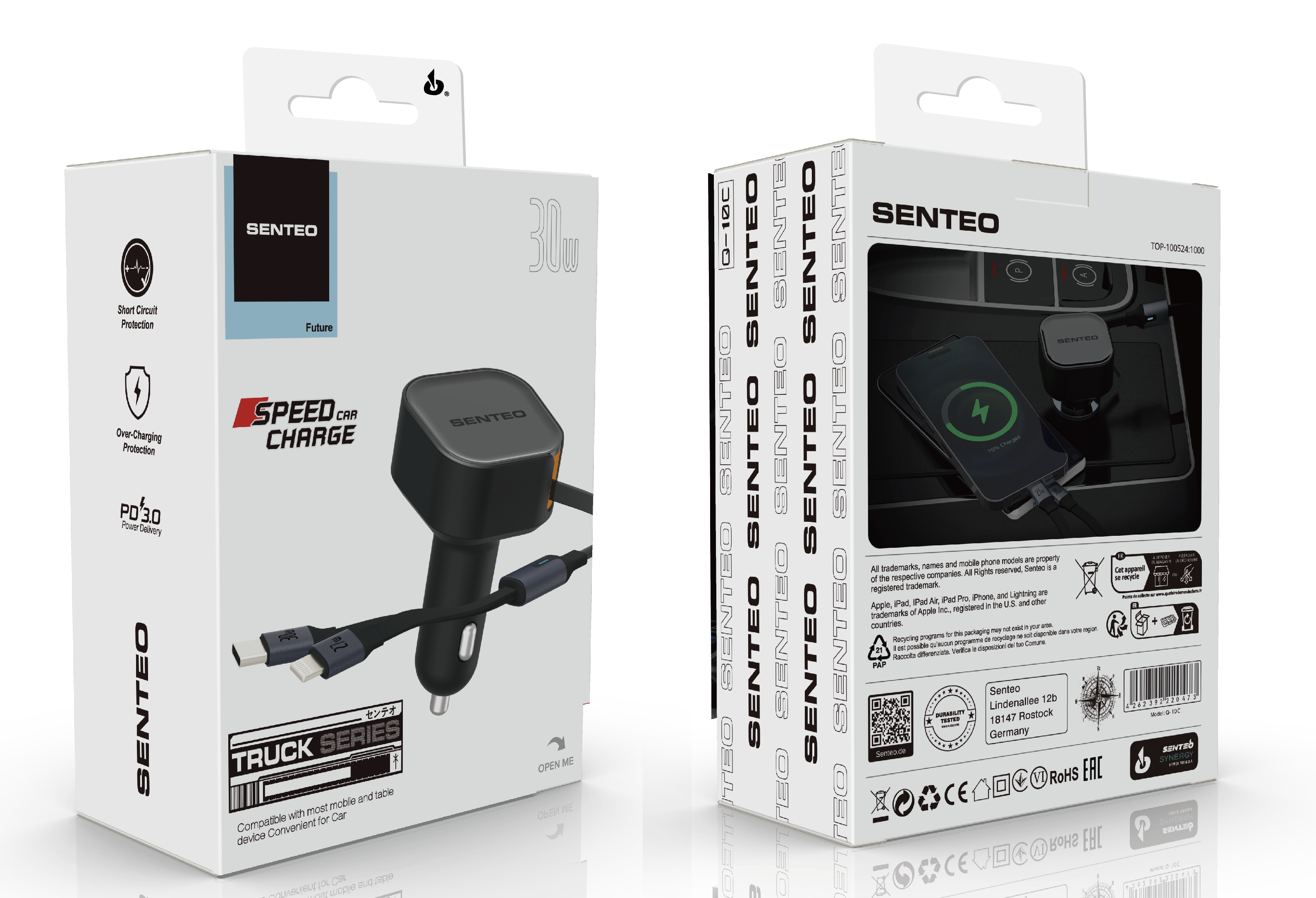 Senteo® Q-10С Truck Series Retractable QC30W+PD 3.0 27W Schnell Autoladegerät Zigarettenanzünder