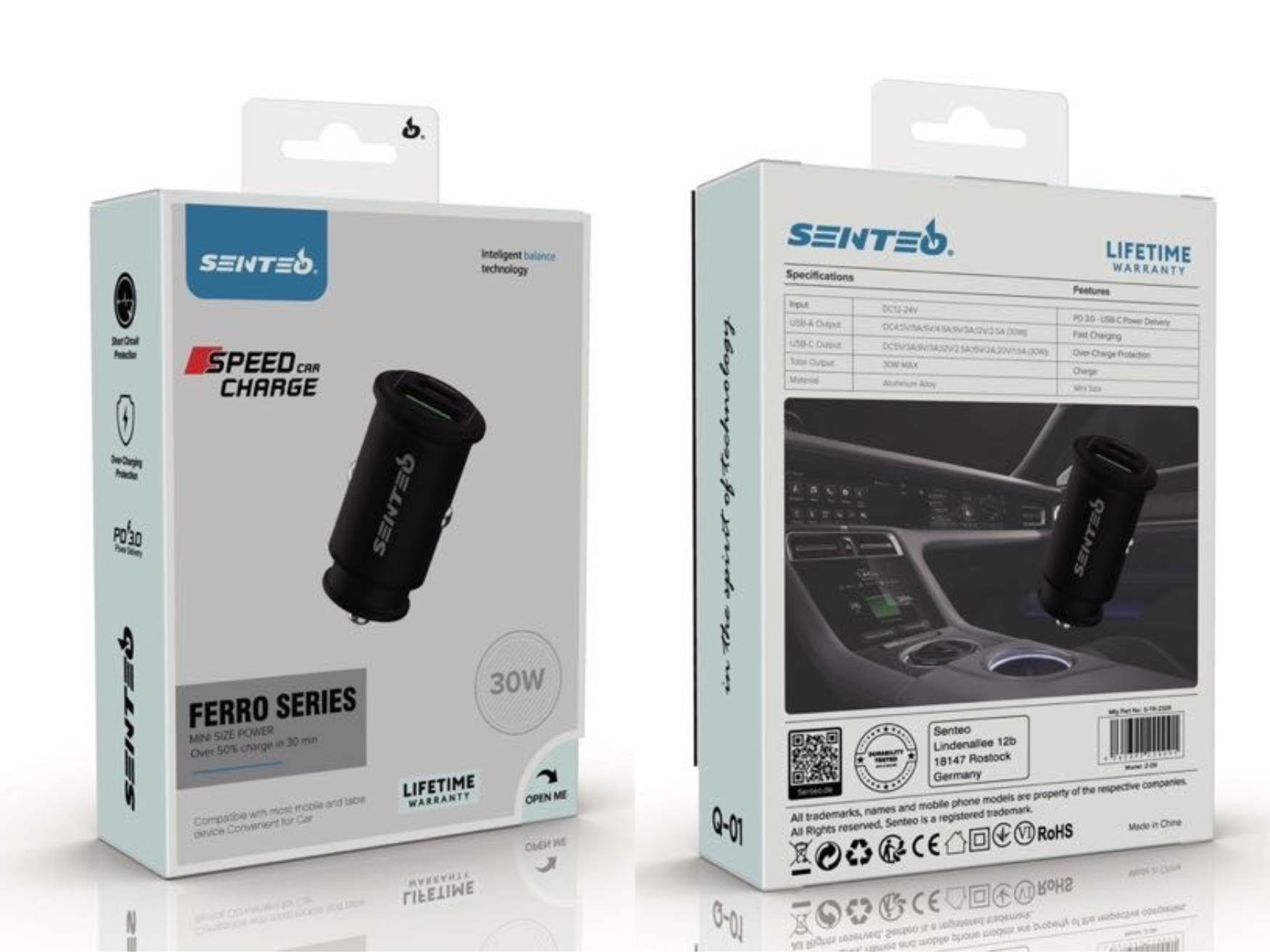 Senteo Q-02 Encendedor USB 30W PD 3.0 USB C Cargador de Coche
