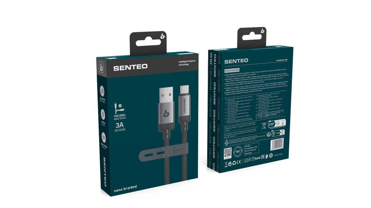 Senteo SM-06 Nano Braided series USB A to USB C 3A, Schwarz