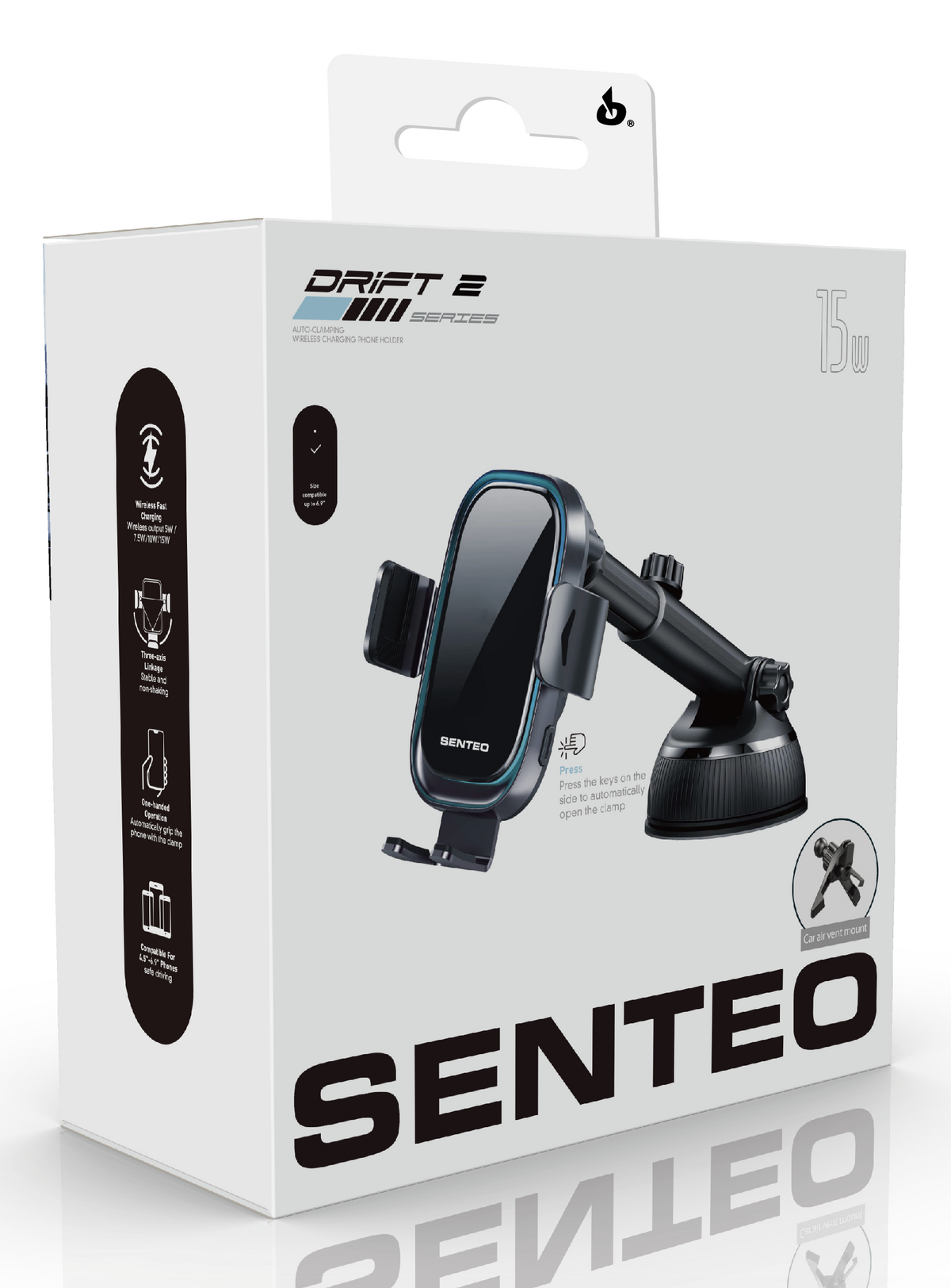 Senteo® Drift 2 Serie SH-02 Kabellose Ladegerät Smartphonehalter für Autos, 15W (inkl.2 Halterungen Luftg. & Armaturenbrett)